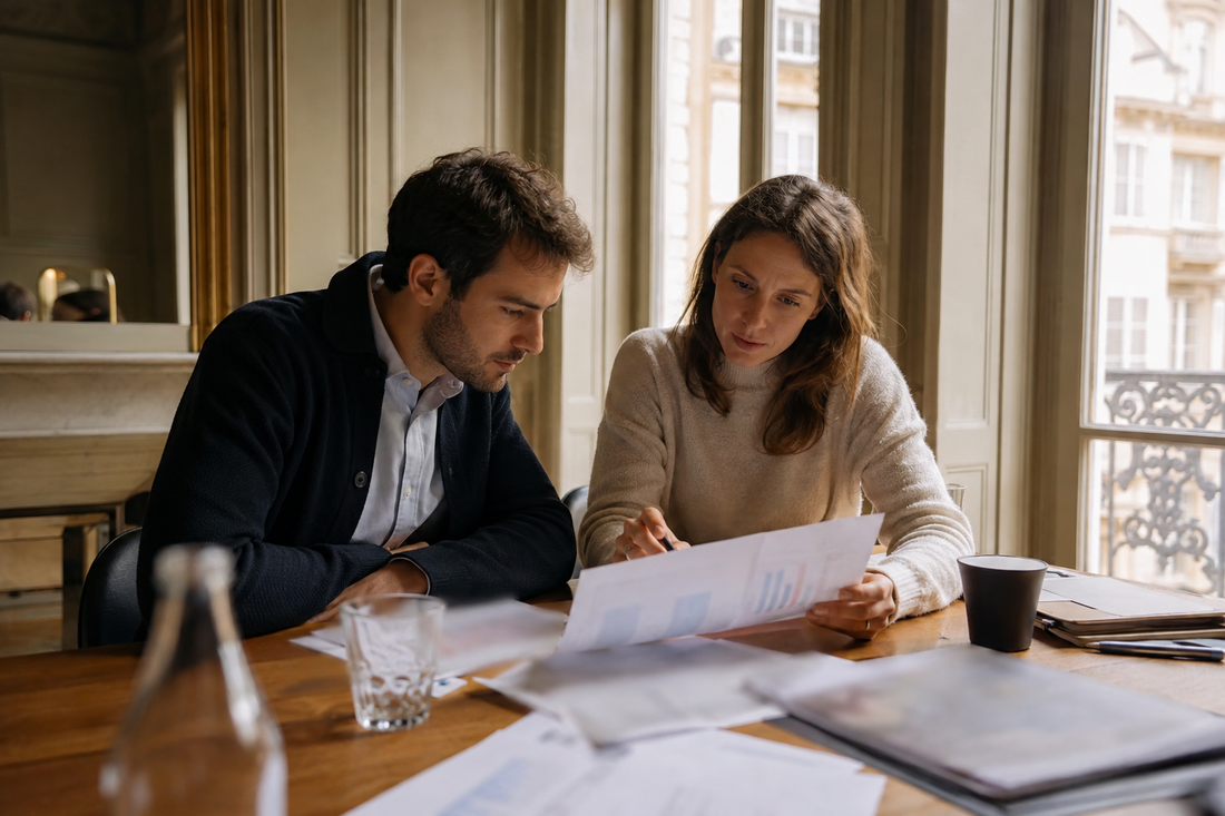 Deux consultants du cabinet examinant des tableaux imprimés à une table de réunion près d'une grande fenêtre